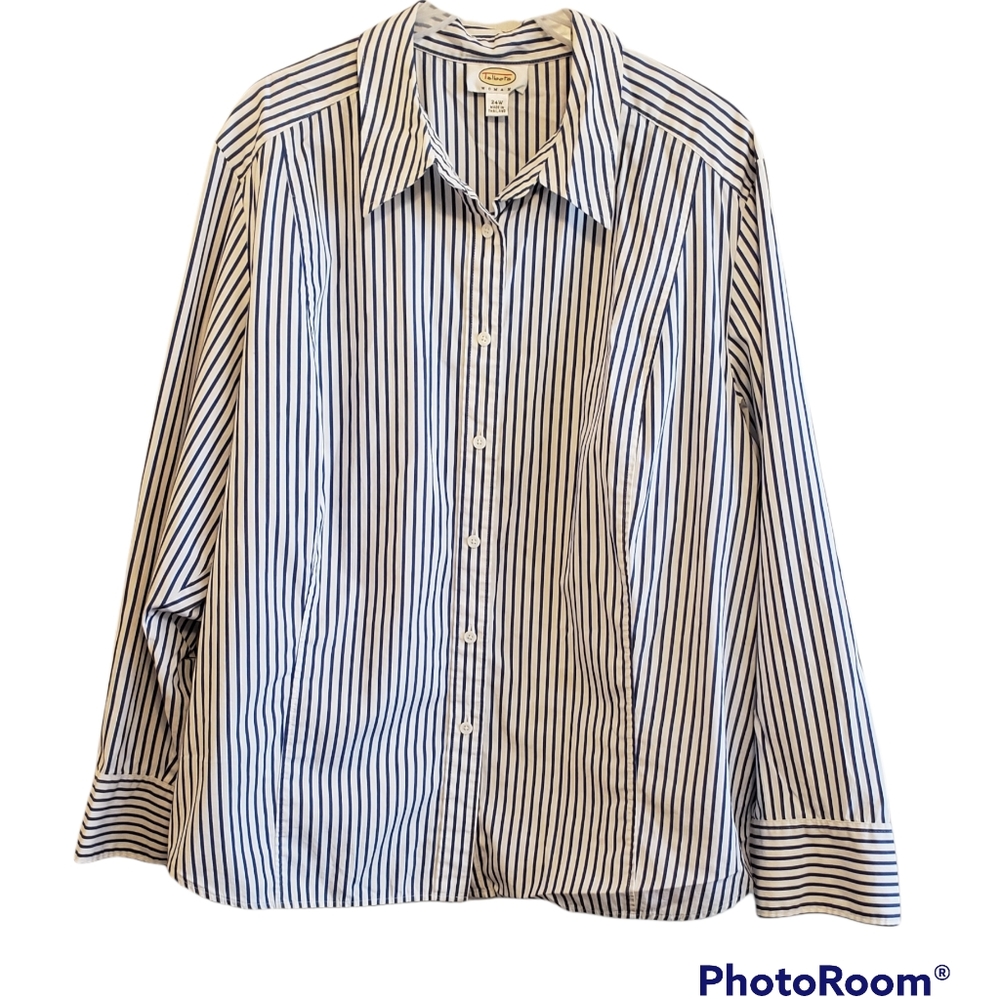 Talbots Woman Blue Striped Button Down Shirt Size 24 W